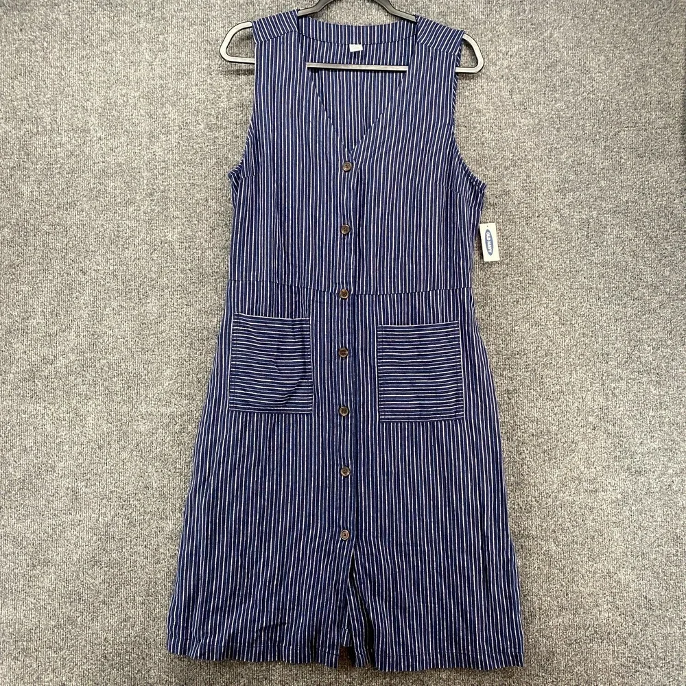 Old Navy Dress Womens L Linen Blend Blue Striped Button Up Sleeveless Boho Ranch
